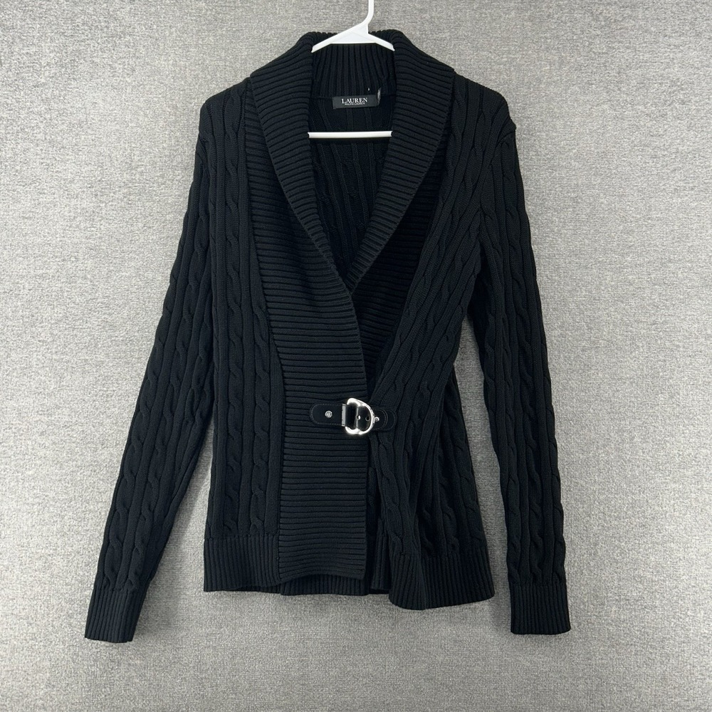 Lauren Ralph Lauren Buclkled Sweater Women Size Small Black Cable Knit